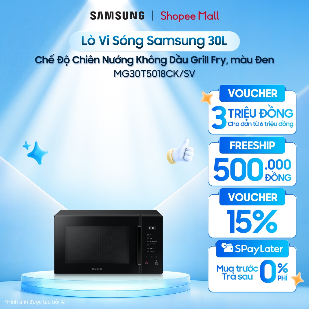 Lò Vi Sóng Samsung 30L MG30T5018CK/SV - Chế Độ Chiên Nướng Không Dầu Grill Fry, màu Đen