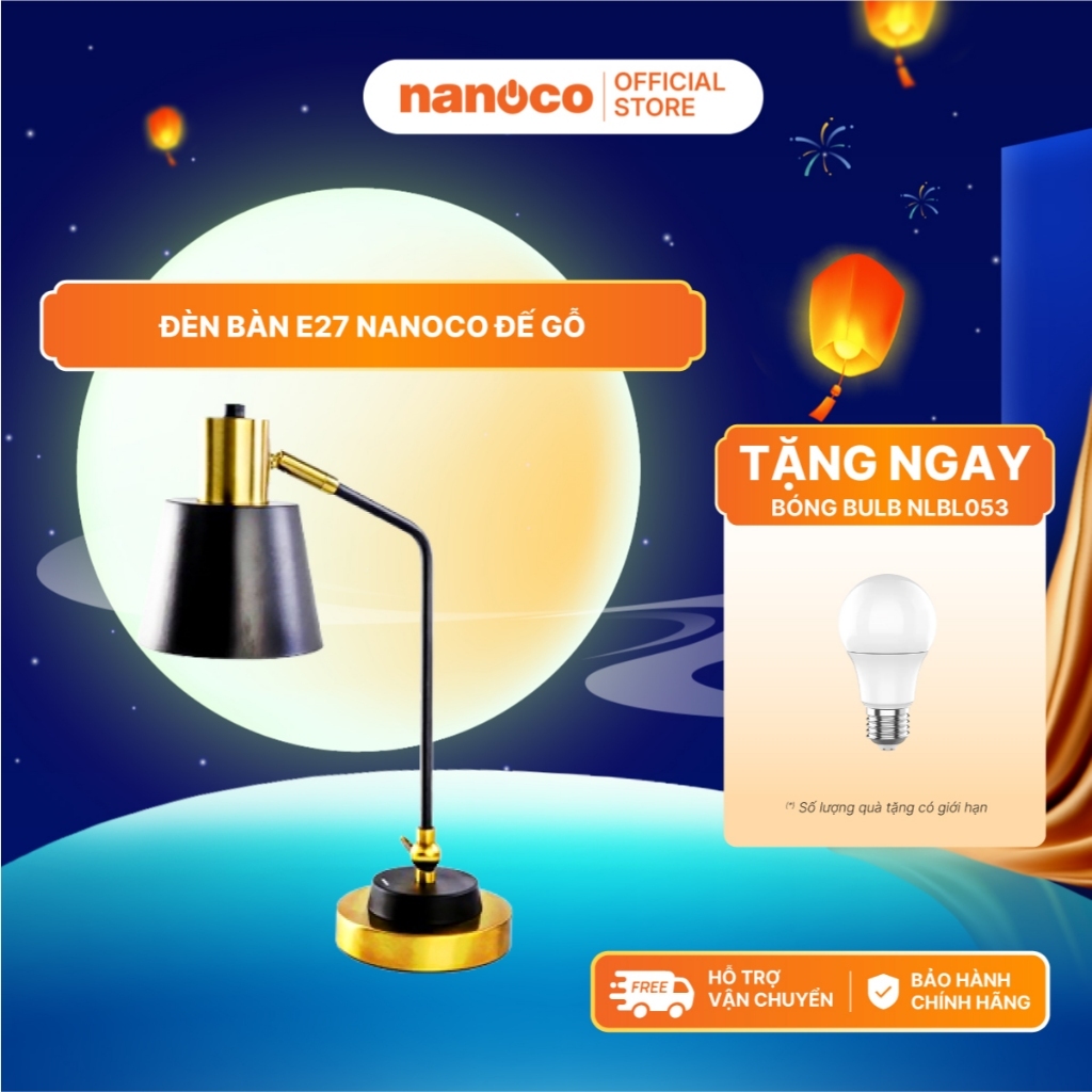 Đèn bàn E27 cổ điển sang trọng Nanoco model NDKC04IB (không bóng) + tặng kèm 1 bóng Led bulb đui E27