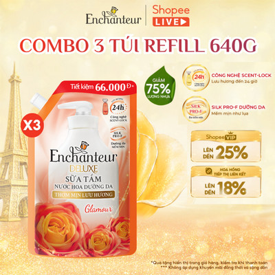 [SVIP] [TIẾT KIỆM] Combo 3 Túi Refill Sữa Tắm Nước Hoa Dưỡng Da Thơm Mịn Lưu Hương Enchanteur 640g x3