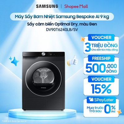 Máy Sấy Bơm Nhiệt Samsung Bespoke AI 9 kg DV90T6240LB/SV - Sấy cảm biến Optimal Dry, màu Đen