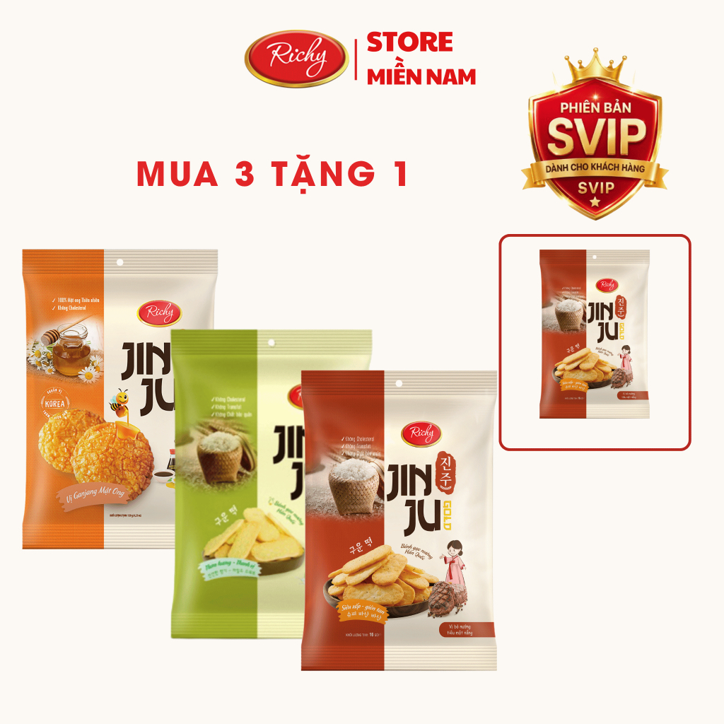 [SVIP] MUA 3 TĂNG 1]  Tổng 4 gói bánh gạo Hàn Quốc Jinju Richy vị cốm sữa ganjang mật ong và bò nướn