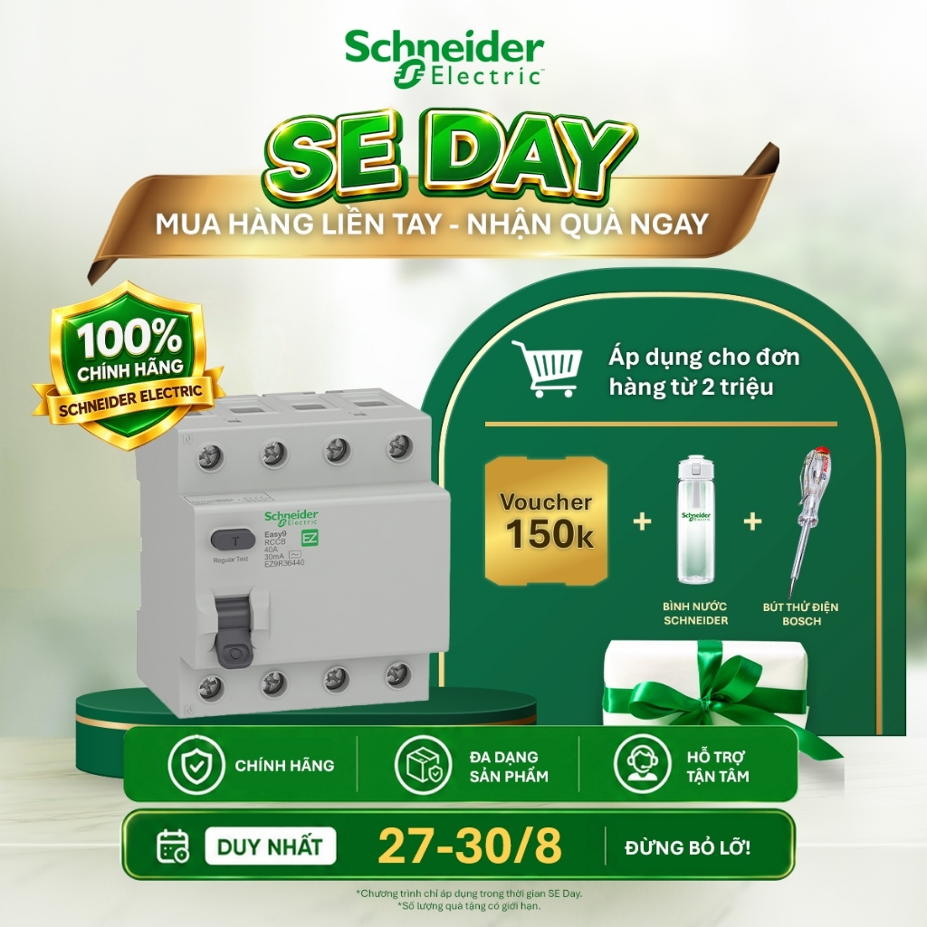Cầu dao chống dòng rò Easy9 RCCB - 4P 30mA 400VAC - Schneider Electric EZ9R36425 EZ9R36440 EZ9R36463