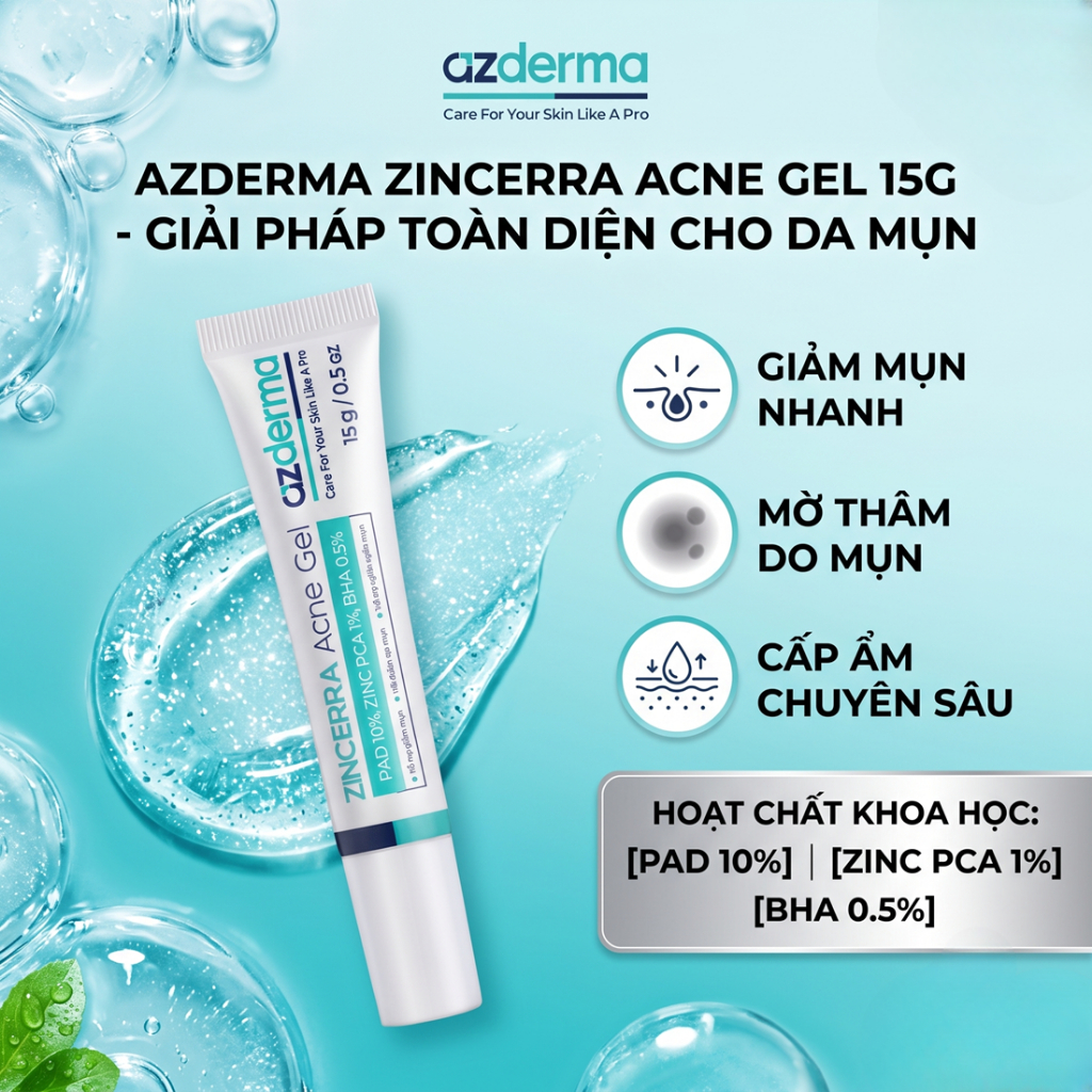 Gel chấm mụn Azderma Zincerra Acne Gel 15g | Giảm Mụn, Mờ Thâm Do Mụn & Ngừa Mụn