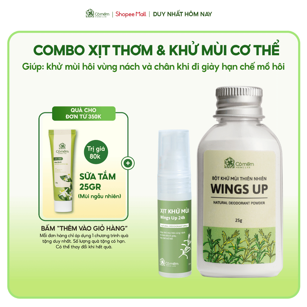 Combo Bột Khử Mùi Wings Up Và Xịt Thơm Khử Mùi Hôi Kháng Khuẩn Cỏ Mềm