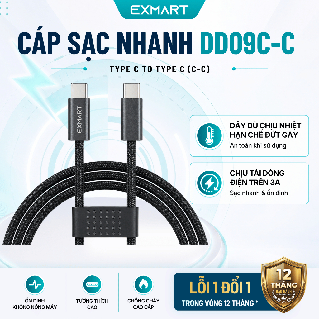 Cáp Bọc Dù EXMART DD09C-C Type C dài 1m - Bảo Hành 12 tháng - Dùng Androi và Từ Iphone 15 Trở Lên