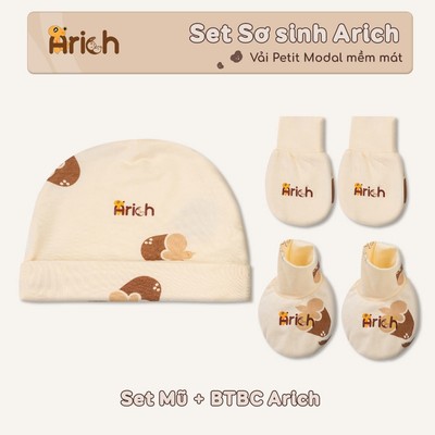 Set mũ, bao tay, bao chân sơ sinh ,  màu trơn Arich , petit vải sợi tre co giãn , mềm, mịn, thấm hút mồ hôi