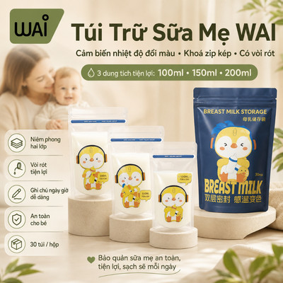 Túi Trữ Sữa Wai Cảm Biến Nhiệt Độ, An Toàn Tiện Lợi, Túi 30 Chiếc có vòi rót tiện lợi KidAndMom