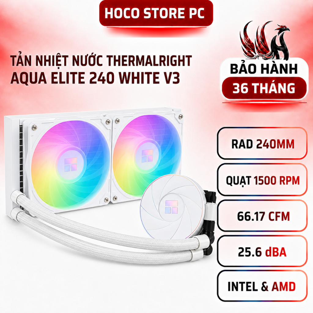 Tản Nhiệt Nước Thermalright Aqua Elite 240 White V3 ARGB | Rad 240mm | BH 36 Tháng | Hoco Store PC
