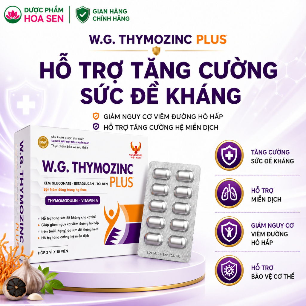 Viên tăng đề kháng ThymozinC Plus Goldwings giúp tăng đề kháng, giúp giảm nguy cơ viêm đường hô hấp 