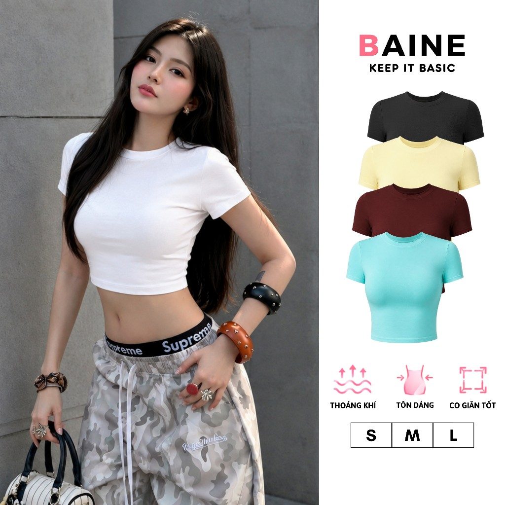 Áo Thun Tay Ngắn Cổ Tròn Croptop Ôm Body Chất Thun Gân Co Giãn Tôn Dáng BAINE - CR66