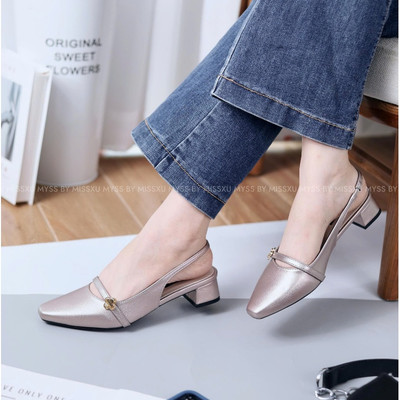 Giày cao gót mũi vuông quai ngang khóa hoa 4cm cao cấp MYSS - CG347