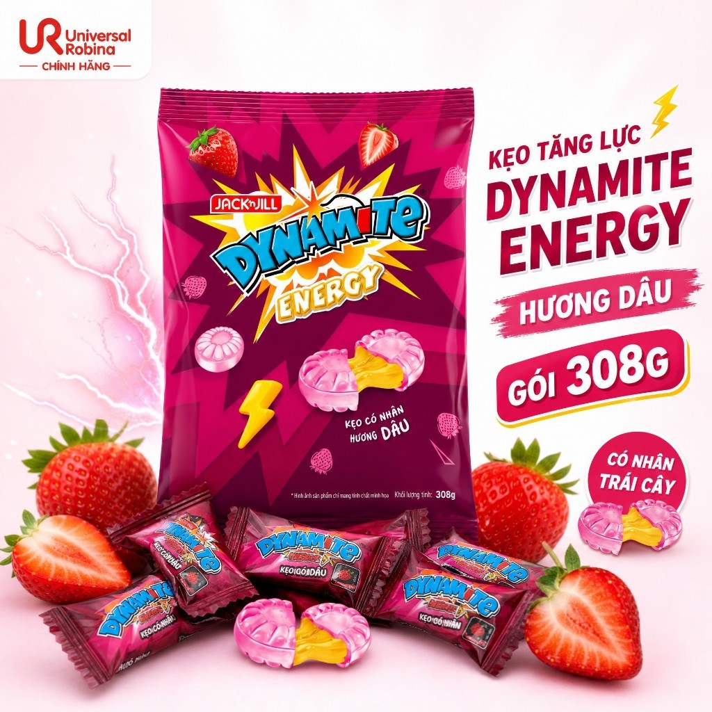 Kẹo Tăng Lực Dynamite Energy Jack 'n Jill Hương Dâu Gói 308g - Kẹo Cứng Tỉnh Táo Bổ Sung Năng Lượng