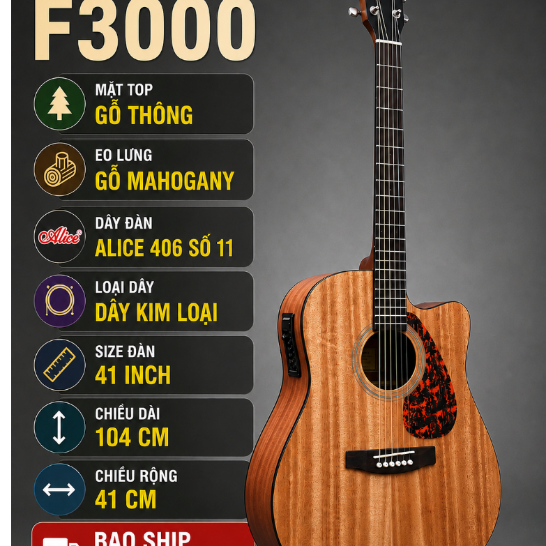 Đàn Guitar Acoustic F3000 Bản Mới Màu Nâu