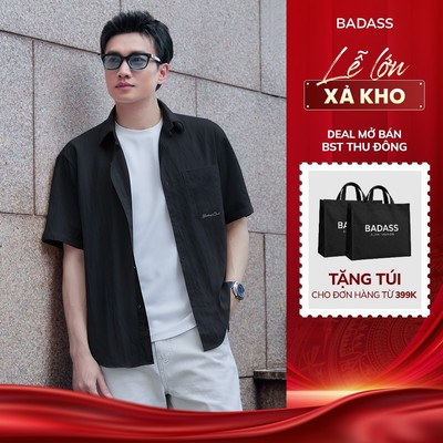 Áo Sơ Mi Nam BADASS Cộc Tay  Cotton  Form Regular Cổ Đức Túi Thêu Basic 2 Màu Trắng Đen - SHNTK718