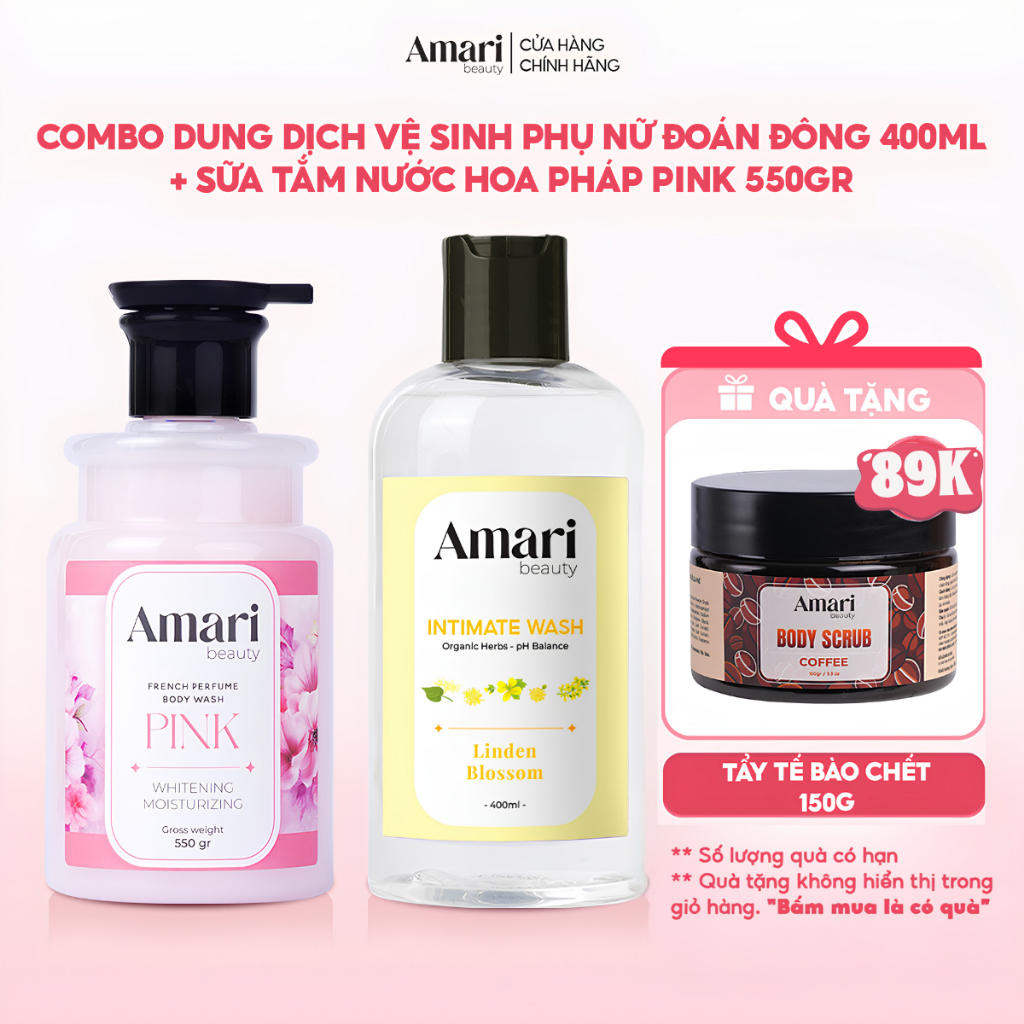 Combo Sữa Tắm Hương Nước Hoa 550gr Và Dung Dịch Vệ Sinh Phụ Nữ 400ml Amari Beauty
