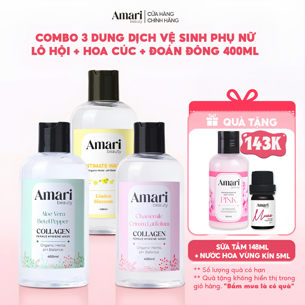 [Combo 3]Dung Dịch Vệ Sinh Phụ Nữ Amari Beauty Giúp Ngăn Mùi, Cân Bằng pH, Dưỡng Ẩm - 400ml
