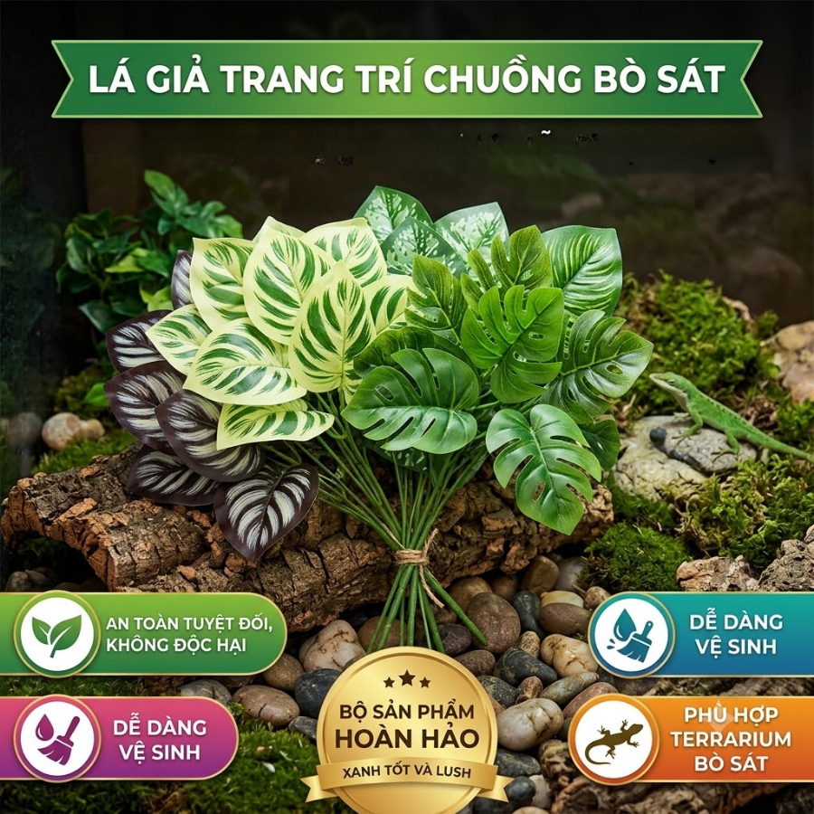 Nhánh Cây Nhựa Monstera Giả - Cây Nhựa Decor Chuồng Thú Cưng, Bò Sát  Iguana, Rồng Úc, Trăn, Rắn*