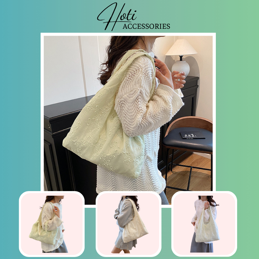 Túi Xách Đeo Vai Unisex, Túi Tote Đi Biển Trơn Phối Hoa Thời Trang Mùa Hè Phong Cách Hàn Quốc - HOTI - XT154