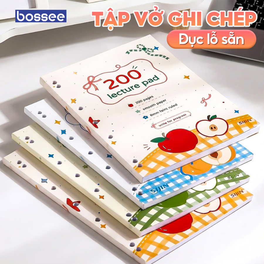Tập Vở Sổ Ghi Chép Kẻ Ngang A4 Đục Lỗ Sẵn Bossee Lecture Pad 200/400 trang, Ruột Sổ Binder