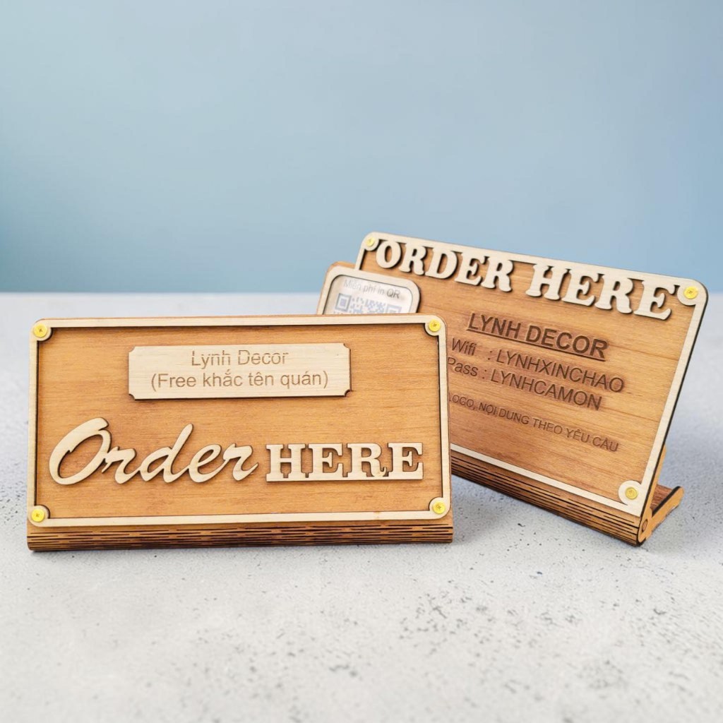 ORDER HERE BẰNG GỖ PLYWOOD 3MM – LYNHDECOR MIỄN PHÍ KHẮC LOGO, WIFI, QR QUÁN
