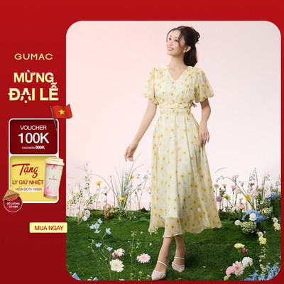 Đầm Maxi Hoa GUMAC Cổ V Đính Nút Tay Bí Xòe Chất Tơ Xược 2 Lớp Nữ Tính Thanh Lịch DG07088