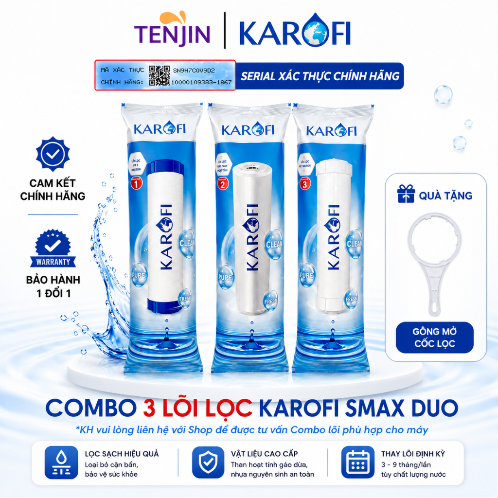 Combo Lõi Lọc Nước Karofi 123 Livotec Với Công Nghệ Vi Lọc Livotec Dùng Cho Máy Lọc Nước RO 10"-VỎ M