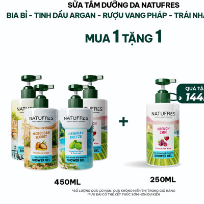 [ĐỘC QUYỀN KOL] Sữa Tắm Natufres Hương Bia Bỉ/ Vang Đỏ Pháp/ Muối Biển và Trái Nhàu/ Tinh Dầu Argan 450ml