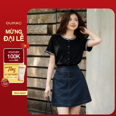Áo thun nữ dáng suông GUMAC phối viền sọc ở cổ và nẹp nút tay đính nơ LATG0107