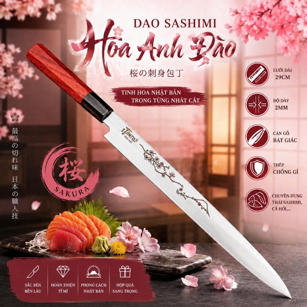 Dao Làm Bếp N.HĐ chuyên thái thịt cá, thái sashimi - Dao Bếp Nhật tay cầm gỗ , thép chống gỉ