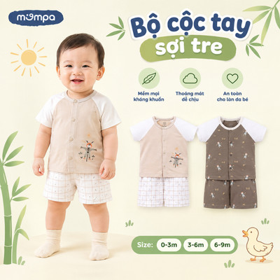 Bộ cộc tay cho bé sơ sinh Mompa 0-9 tháng vải Sợi tre Bamboo mềm mại co giãn thoáng mát MP 0426