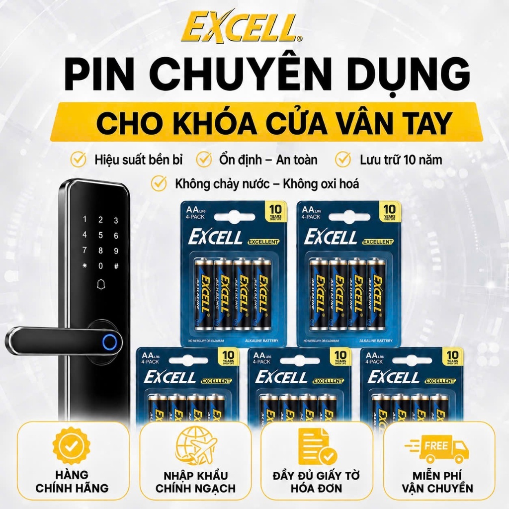 Pin Excell LR6 AA 1,5V (Vỉ 4 viên) Chuyên Dùng Cho Khóa Cửa Thông minh, Vân Tay, Thiết Bị Cao Cấp.