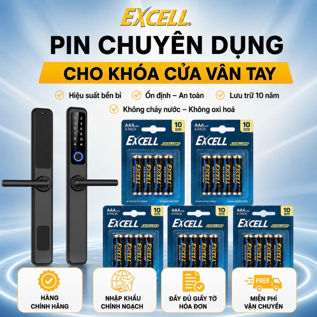 Pin Excell LR03 AAA 1,5V (Vỉ 4 viên ) Chuyên Dùng Cho Khóa Cửa Thông minh, Khóa Cửa Vân Tay, Thiết B