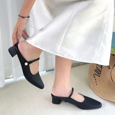 Giày guốc sục nữ MYSS mũi vuông quai ngang đính hạt 4cm cao cấp thời trang - SU203