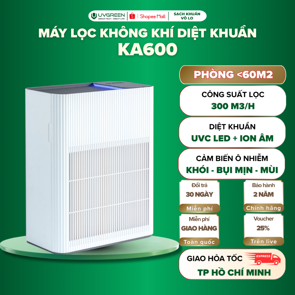 [HO] Máy Lọc Không Khí Diệt Khuẩn UVGREEN KA600 60m2, UVC LED & Ion Âm Diệt Khuẩn, Lọc Bụi Mịn