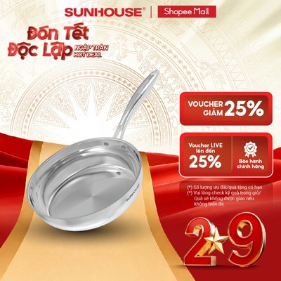 Chảo inox 304 đa lớp cao cấp SUNHOUSE INxxM6E - 3 lớp liền khối - Cán rỗng hạn chế bỏng