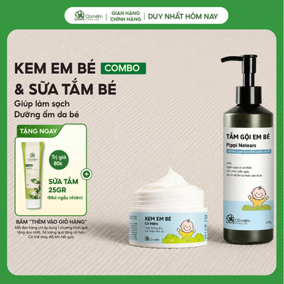 Combo Chăm Sóc Bé Sữa Tắm Pippi Và Kem Em Bé Dưỡng Ẩm Ngăn Ngừa Cải Thiện Hăm Tã Rôm Mụn Mẩn Ngứa Cỏ Mềm