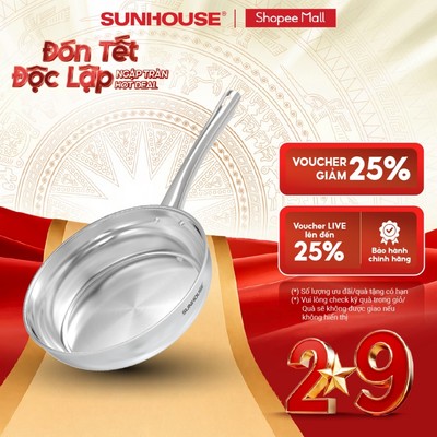 [Mã độc quyền online] Chảo inox 304 đa lớp Sunhouse IN20-24-26M7E - 3 lớp inox liền khối - Dùng mọi loại bếp