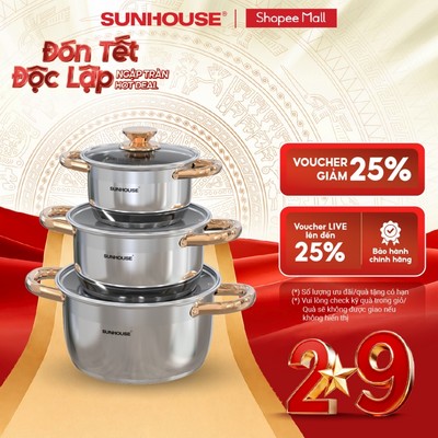 Bộ nồi inox 5 đáy Sunhouse SH781 - gồm 3 nồi với đường kính 16cm-20cm-24cm - Đáy từ dùng mọi loại bếp - 5 lớp đáy