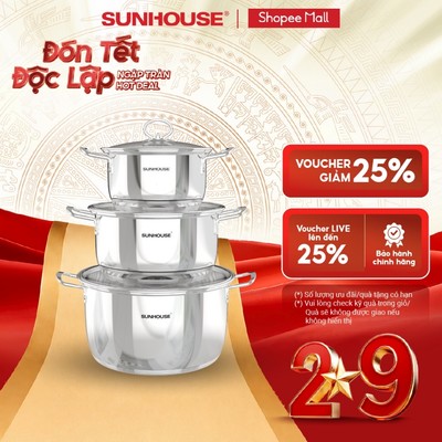 Bộ nồi inox inox 5 đáy Sunhouse SHG788 – Gồm 3 nồi: 16-20-24cm – Dùng mọi loại bếp – Vung kính, tay cầm tiện lợi