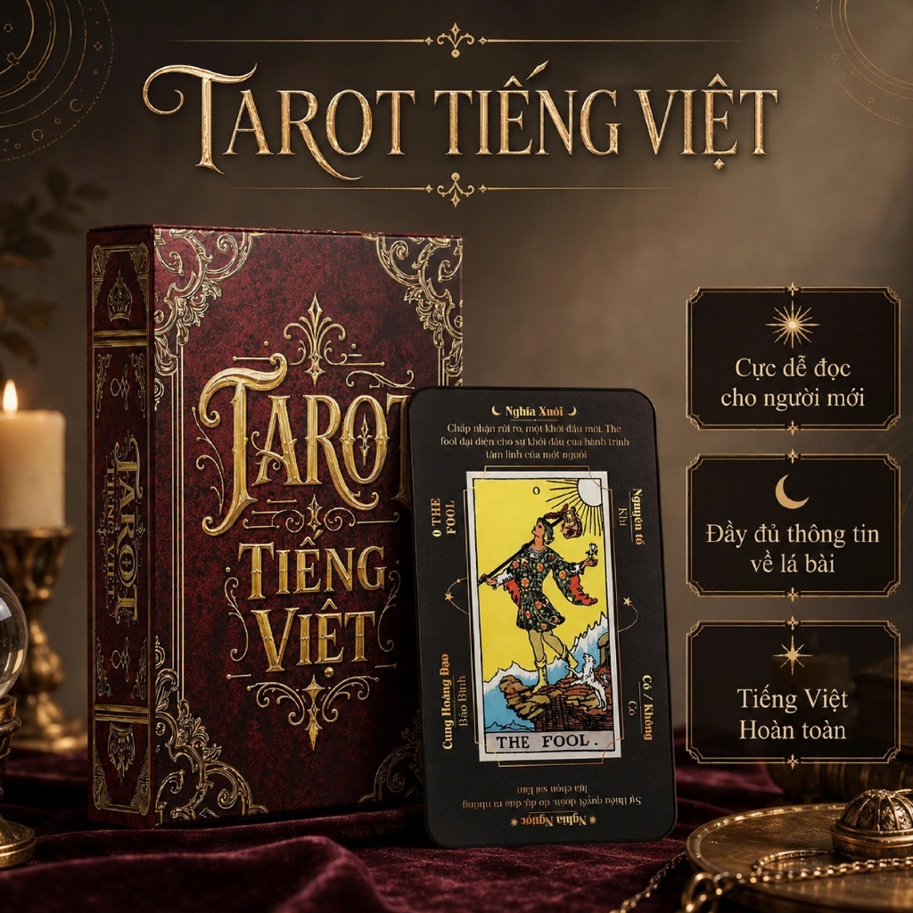 Bộ Bài Tarot Tiếng Việt 78 Lá In Sẵn Ý Nghĩa Xuôi Ngược Kèm Hộp Đựng, Bài Tarot Học Cho Người Mới