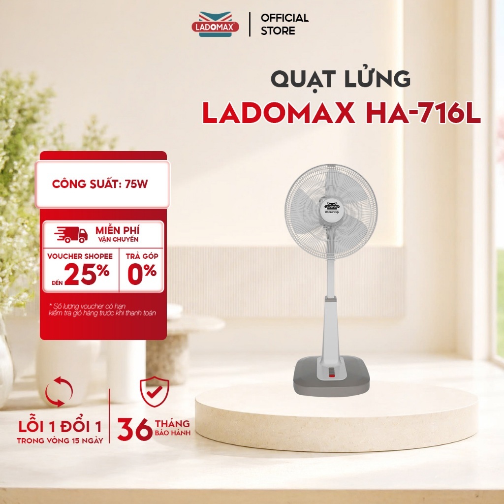 Quạt Lửng Đứng Ladomax HA-716L - Công Suất 75W, 4 Tốc Độ Gió, Motor Đồng, Bảo Hành 36 Tháng
