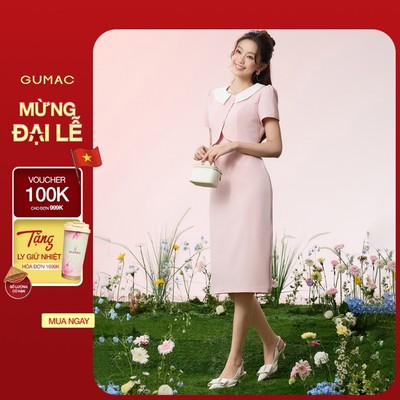 Đầm Nữ GUMAC Form Suông Phối Cổ Trắng Giả Khoác Tay Nhún Phối Nút Bọc Thiết Kế Sang Trọng Tôn Dáng Hiện Đại DG07002