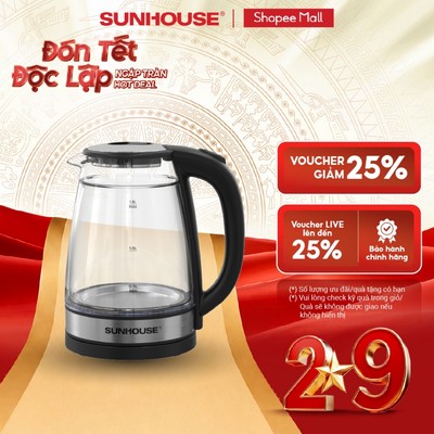 Ấm siêu tốc thủy tinh 1.8L Sunhouse SHD1331 - Công suất 1500W đun sôi nhanh chóng - Đáy Inox 304 an toàn