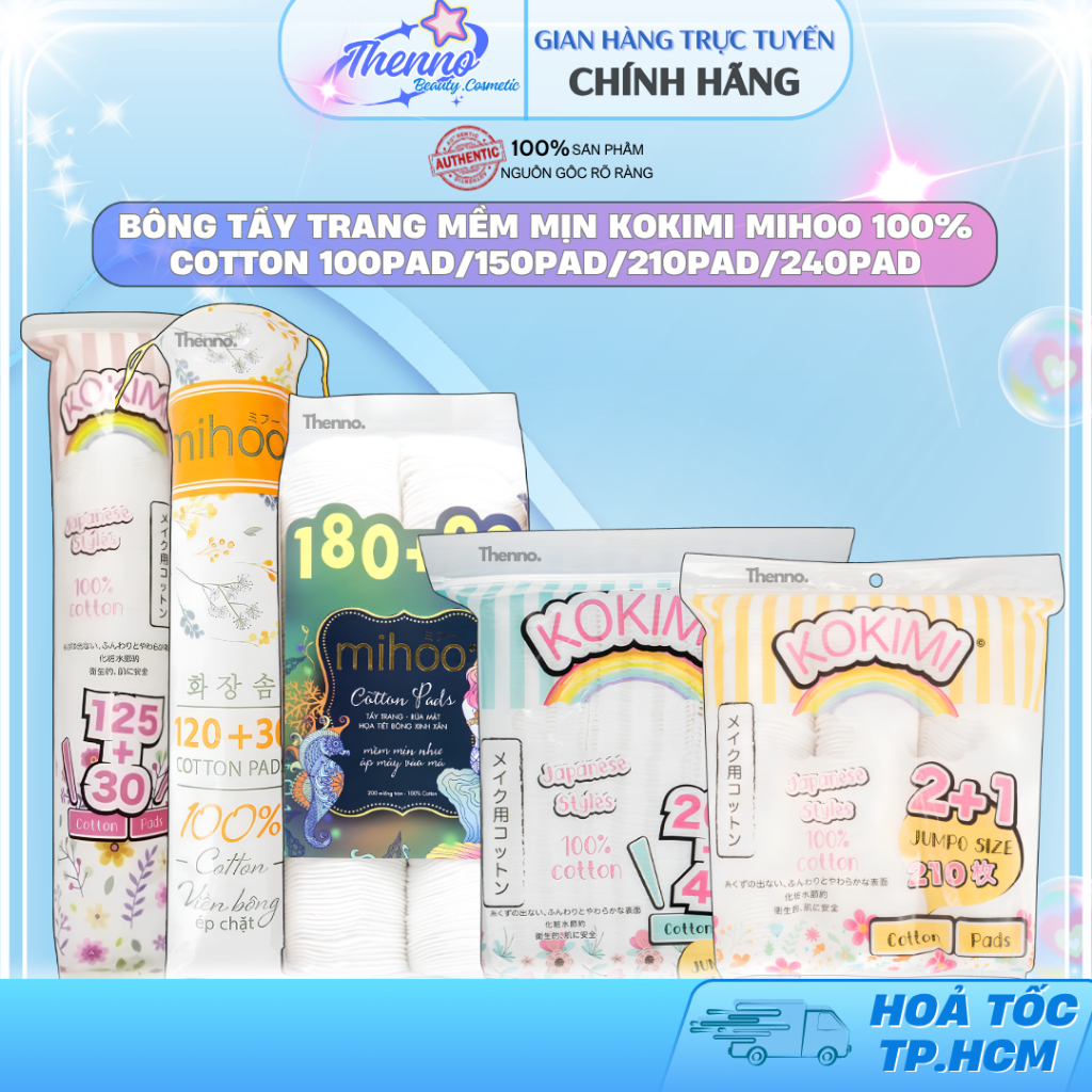 Bông Tẩy Trang Mềm Mịn Kokimi Mihoo 100% Cotton 100Pad/150Pad/210Pad/240Pad
