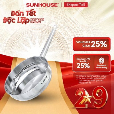 Chảo Inox 304 cao cấp Sunhouse Healthy IN16-20-24-26-28M9 - Phù hợp mọi loại bếp - Tay cầm Inox không gỉ