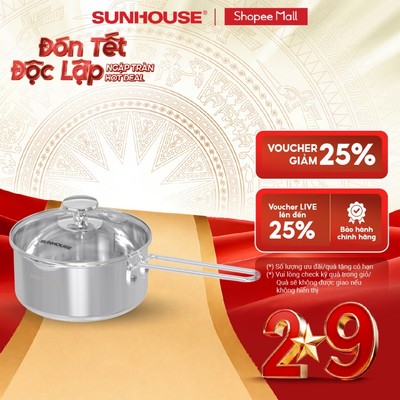 Quánh Inox 304 liền đáy Sunhouse Healthy SHG304-16 - 3 lớp liền khối - Quai núm inox - Có miệng rót - Dùng mọi loại bếp