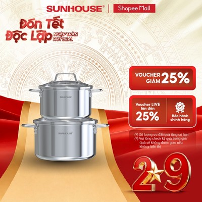 Bộ nồi Inox 304 liền đáy Sunhouse Healthy SHG703 - Inox đa lớp - Truyền nhiệt nhanh - Dùng trên mọi loại bếp