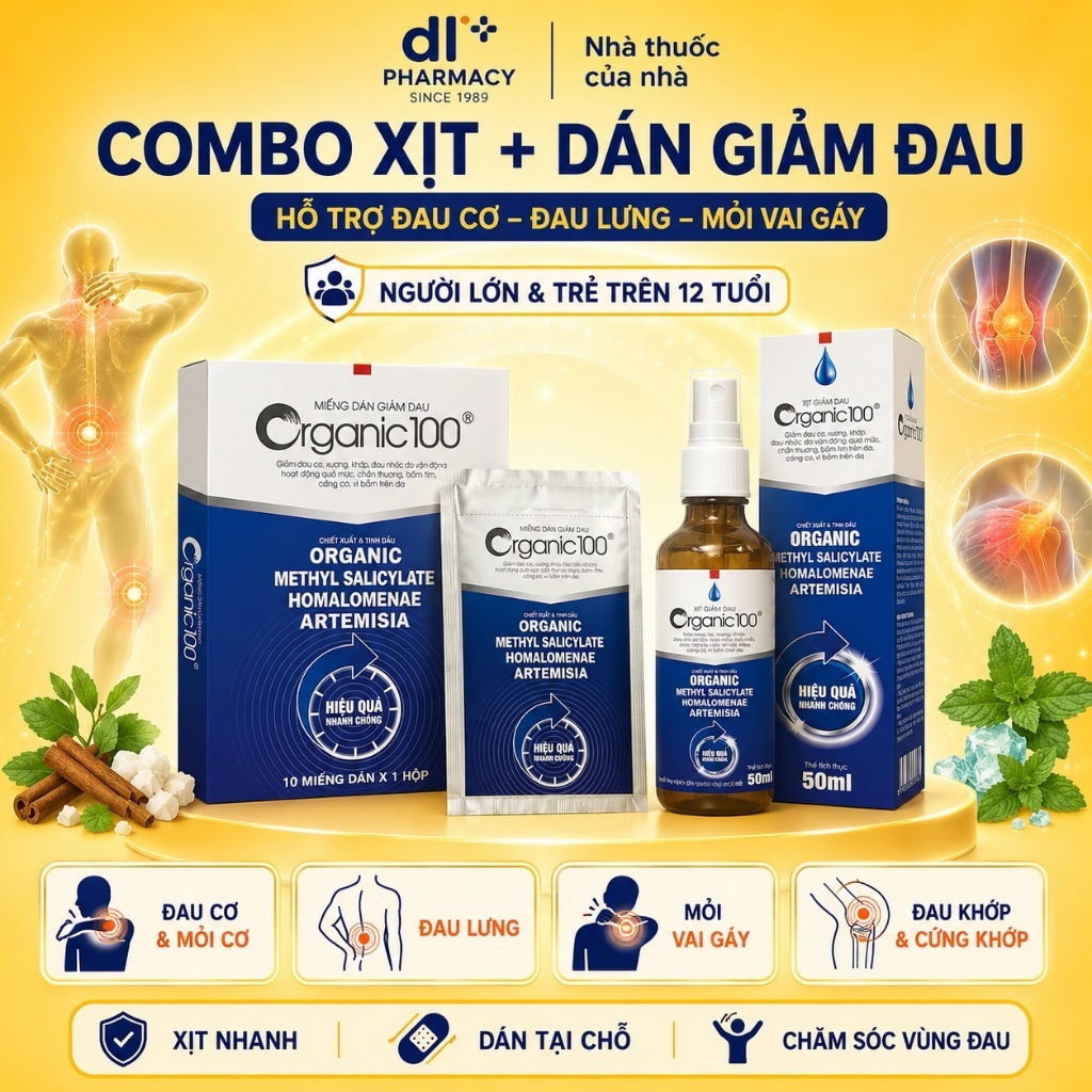 Combo miếng dán Organic 100 10 miếng + xịt ngoài da Organic 100 50ml | Đức Long Pharmacy