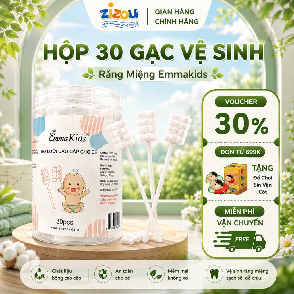 Que Gạc Rơ Lưỡi EmmaKids Hộp 30 Chiếc Đầu Gạc 3D Lượn Sóng Vệ Sinh Răng Miệng Cho Bé Sơ Sinh
