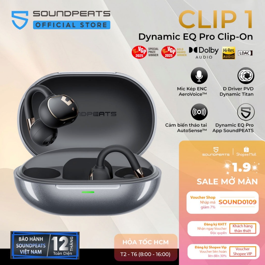 Tai Nghe True Wireless SoundPEATS Clip 1 | Driver Dynamic DVP Titan Kép | DynamicEQ Pro | Bluetooth 5.4